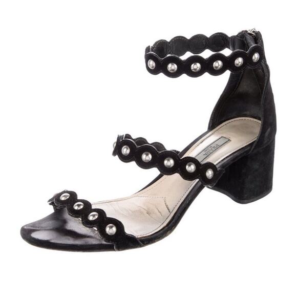 Authentic PRADA Block Heel Pewter Studded Suede Sandal Rear Zip Sandal Sz 40.5 - Picture 1 of 6